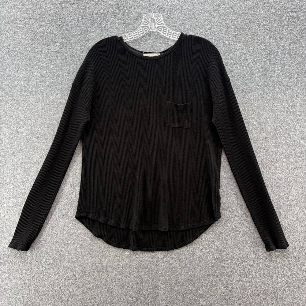 Joah Brown Top Womens Medium Black Ribbed Knit Relaxed Long Sleeve Tee